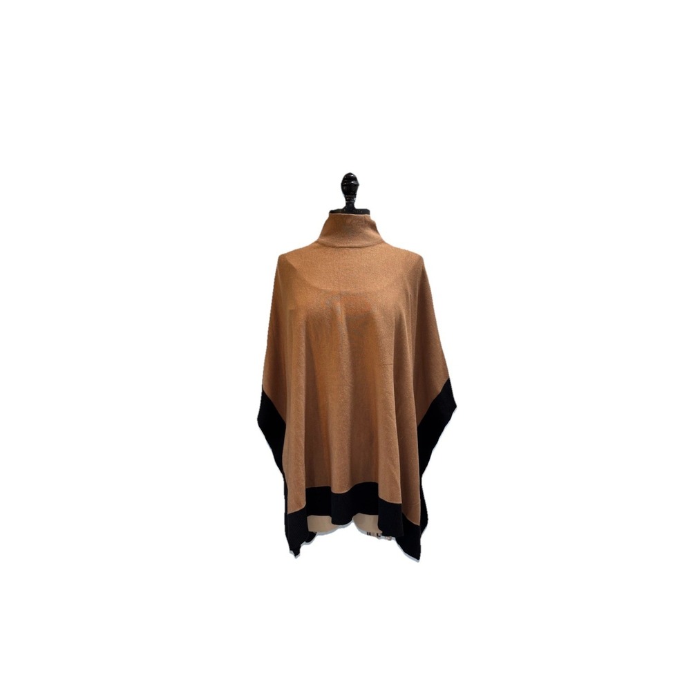 Joan Vass Camel Black Poncho Women's M Soft Luxe‎ Blend Chic Layering NWT